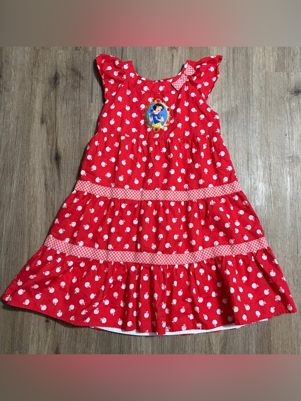 Tiered Apple-Print Dress with Snow White Applique - Size 7/8